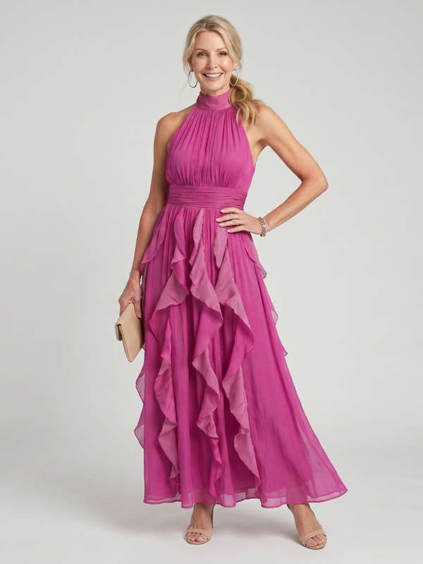 Orea | Maxikleid mit hohem Hals und gerafften Rüschenschichten