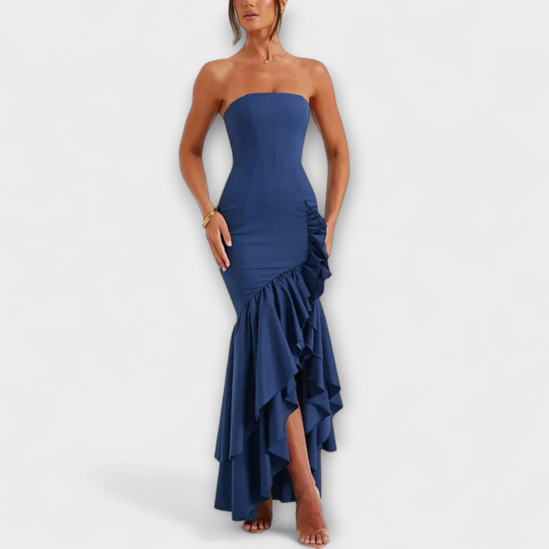 Zuri | Maxikleid mit schulterfreiem Design und asymmetrischem Saum