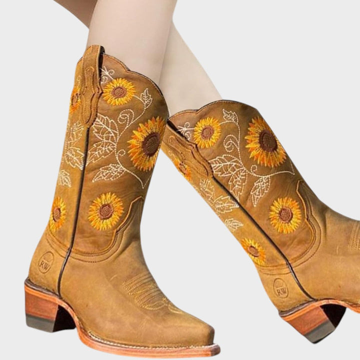 Sonne | Wildleder Cowboy-Stiefel mit Blumen