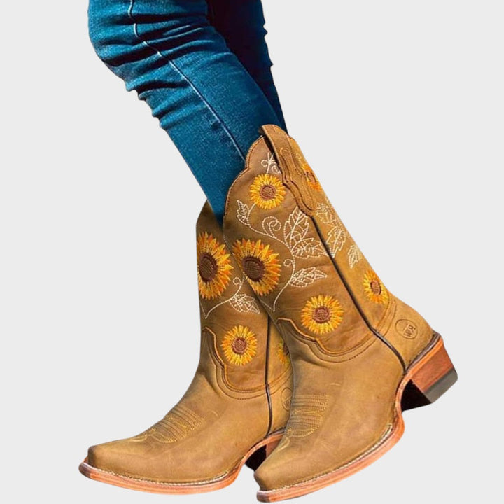 Sonne | Wildleder Cowboy-Stiefel mit Blumen