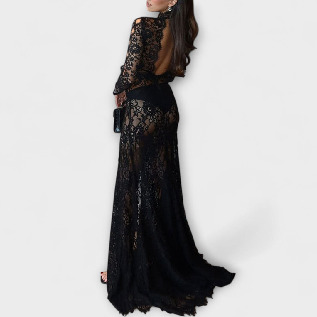 Azalee | Midnight Elegance Langes Maxikleid mit transparenten Spitzenärmeln