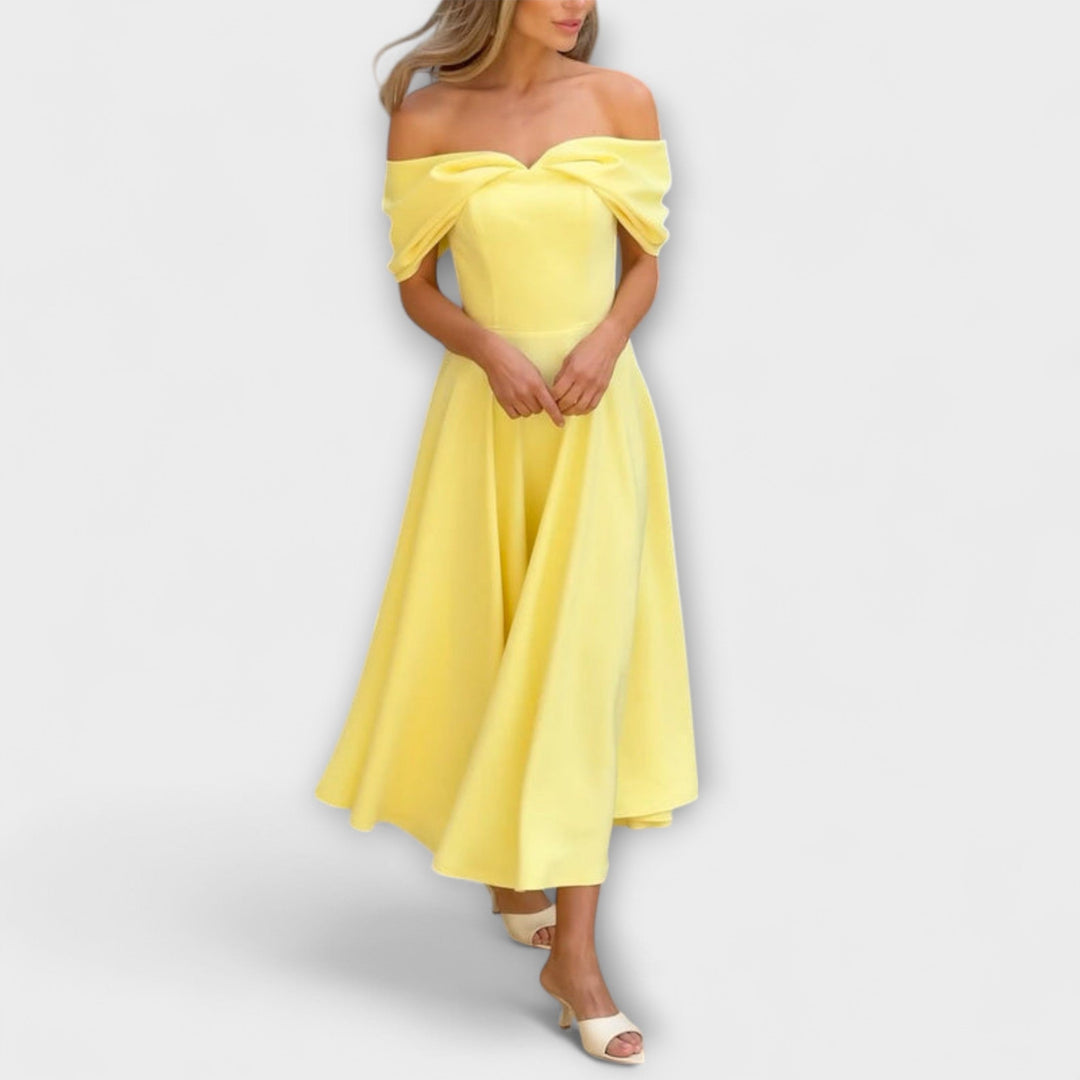 Romy | Schickes Maxikleid mit schulterfreiem Design und Drapierung