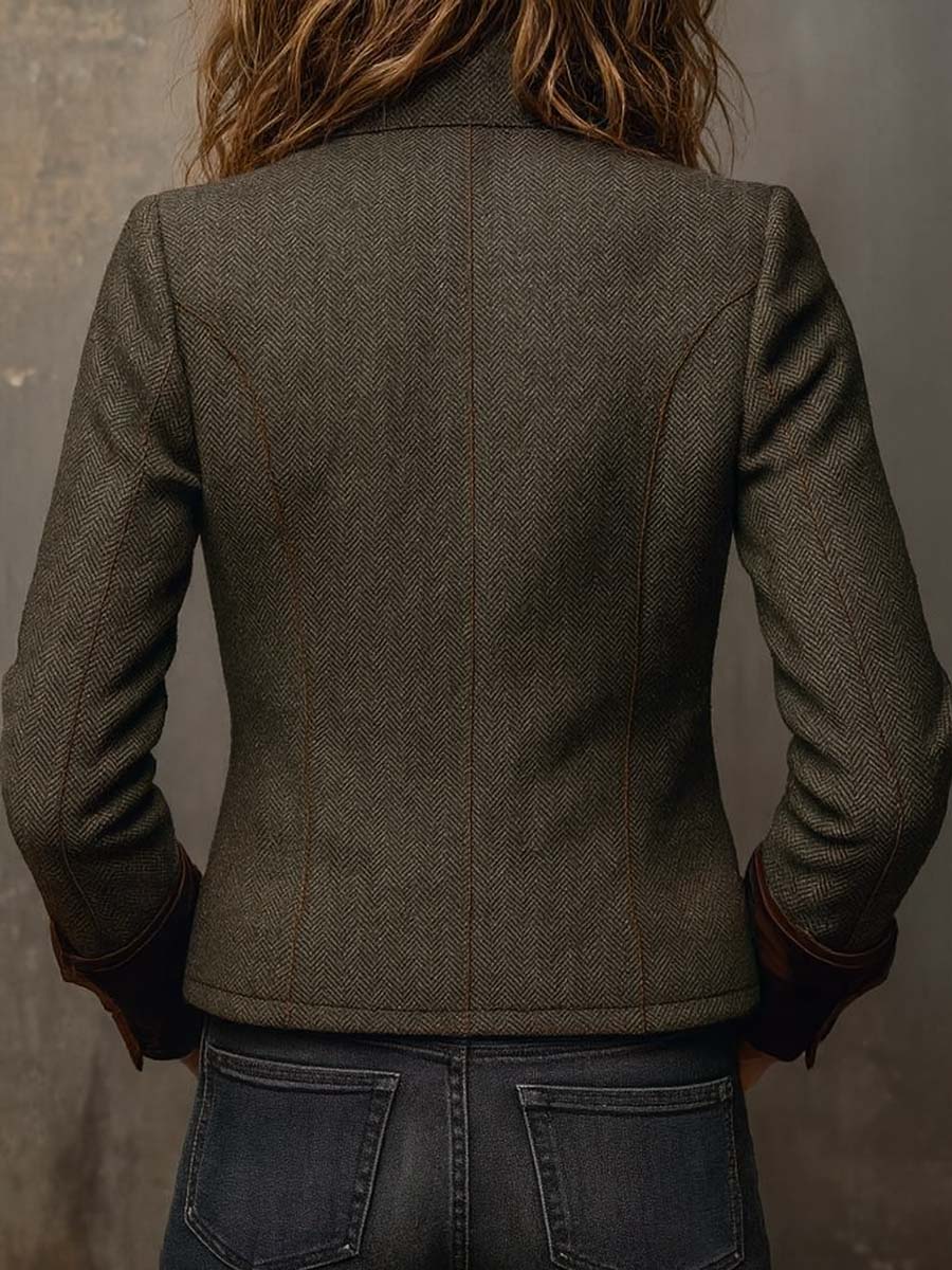 Damen Vintage Fischgrätmuster Blazer mit Kontrastbesatz