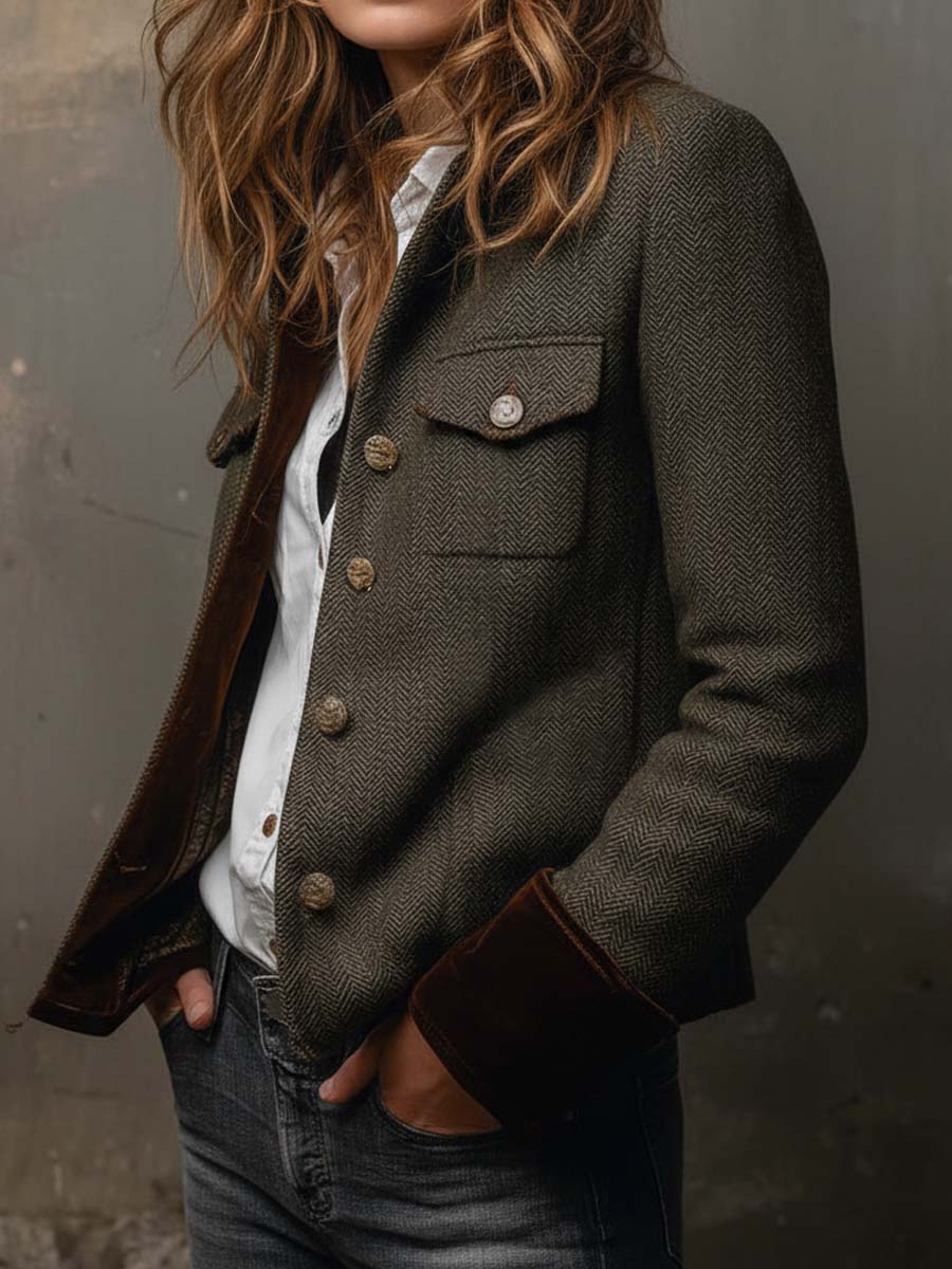 Damen Vintage Fischgrätmuster Blazer mit Kontrastbesatz