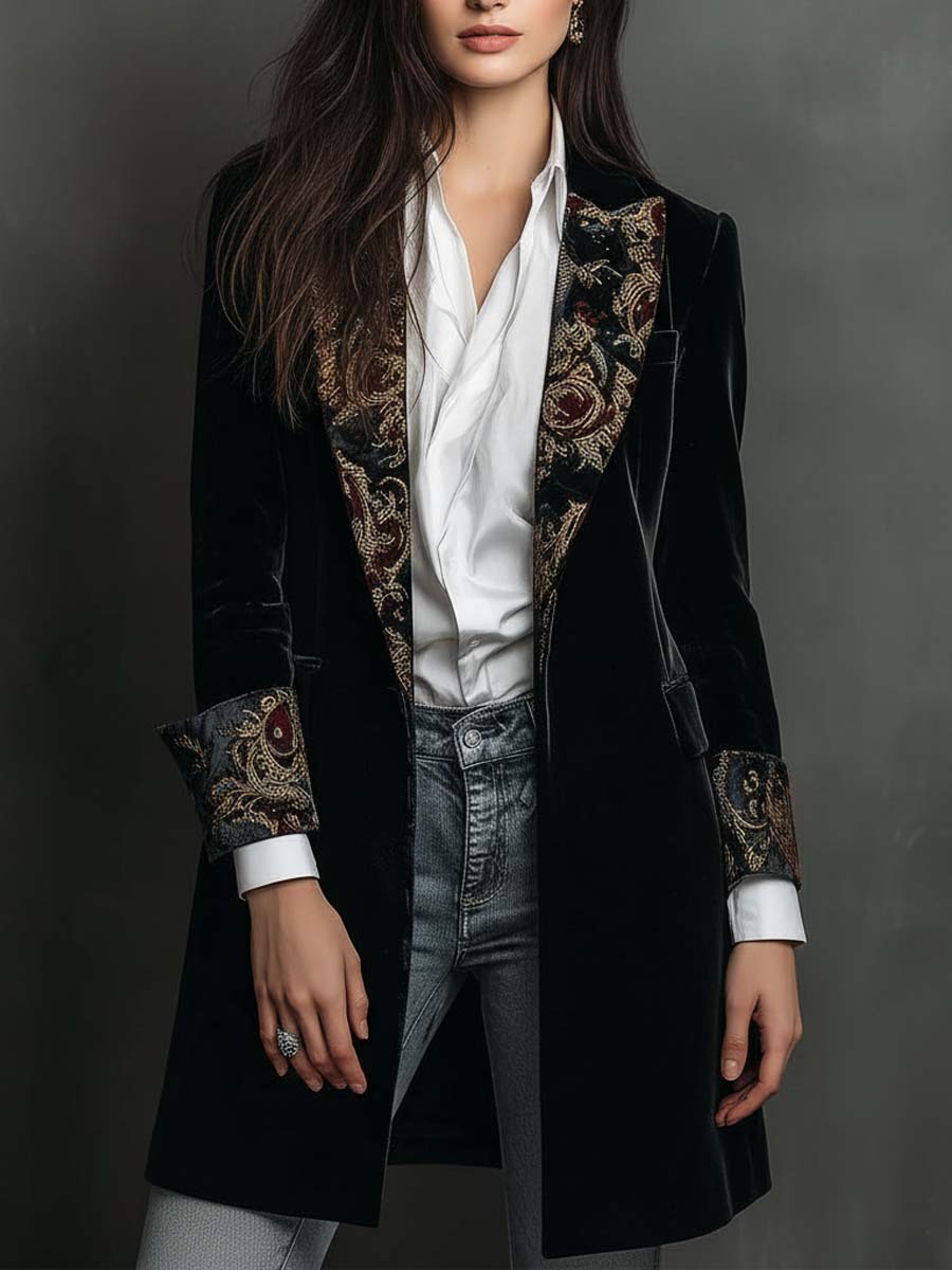 Damen Schwarzer Barockdruck Revers Slim Fit Blazer