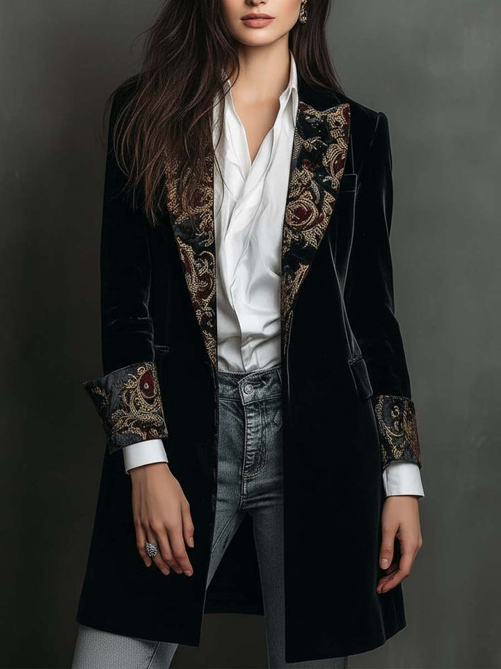 Damen Schwarzer Barockdruck Revers Slim Fit Blazer