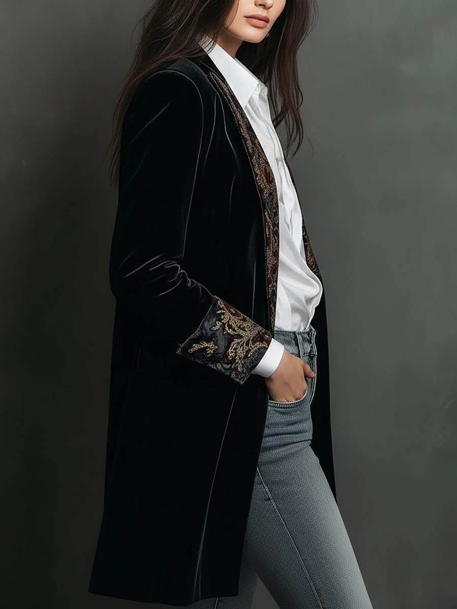Damen Schwarzer Barockdruck Revers Slim Fit Blazer