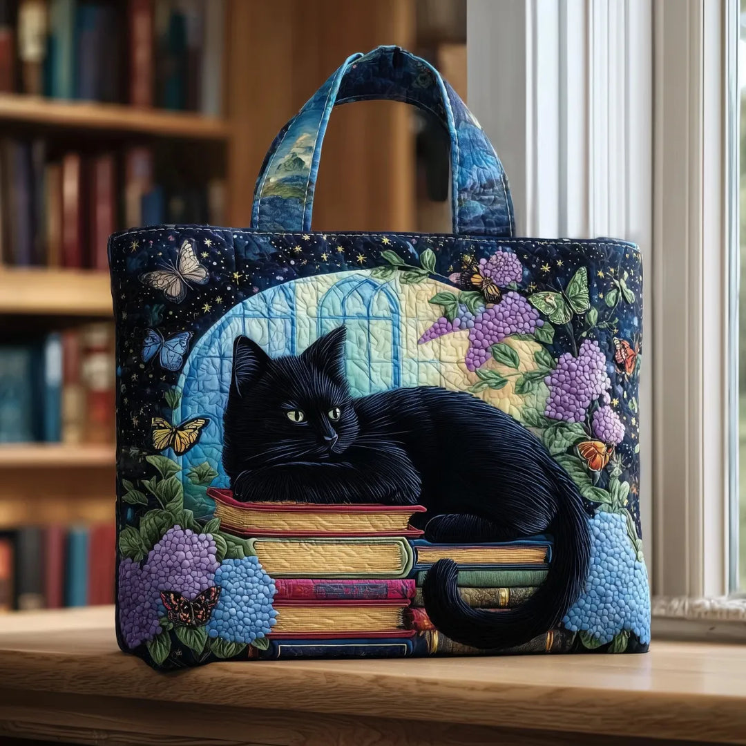 Handgefertigte Tasche | Schwarze Katze auf Büchern