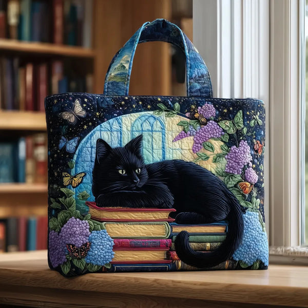 Handgefertigte Tasche | Schwarze Katze auf Büchern