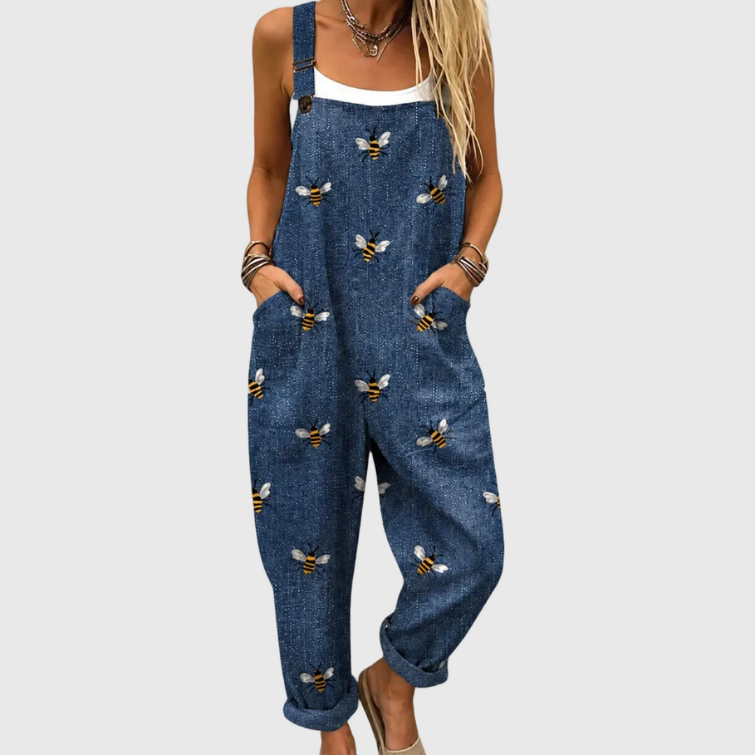 Latzhose mit großen Bienen Jeansblau für Damen