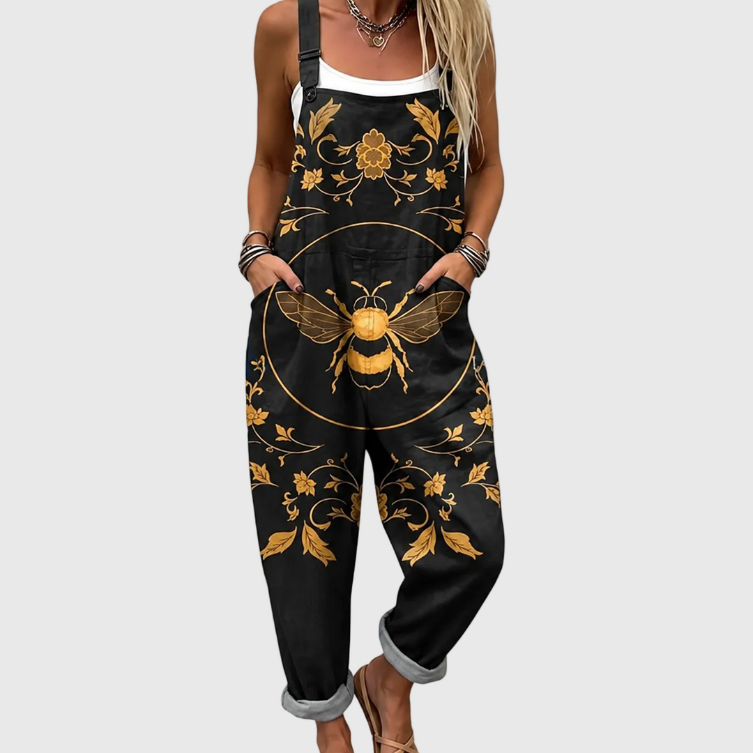 Schwarze Latzhose mit goldener Biene für Damen