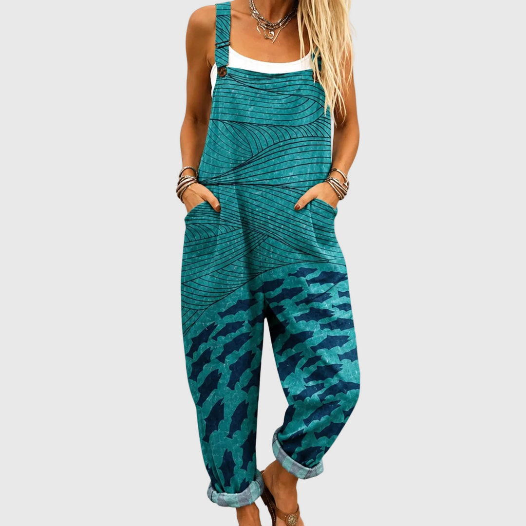Latzhose mit Fischschwarm Petrol für Damen