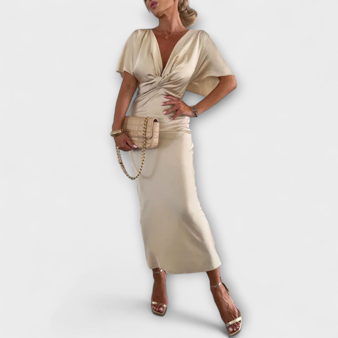 Sable | Maxikleid mit V-Ausschnitt und solidem Satin-Crossover-Knoten