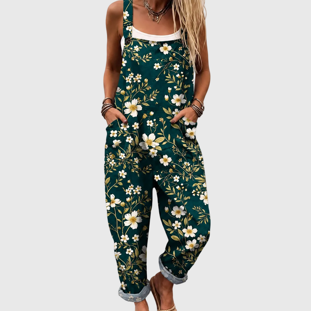 Dunkelgrüne Latzhose mit weißen Blüten für Damen