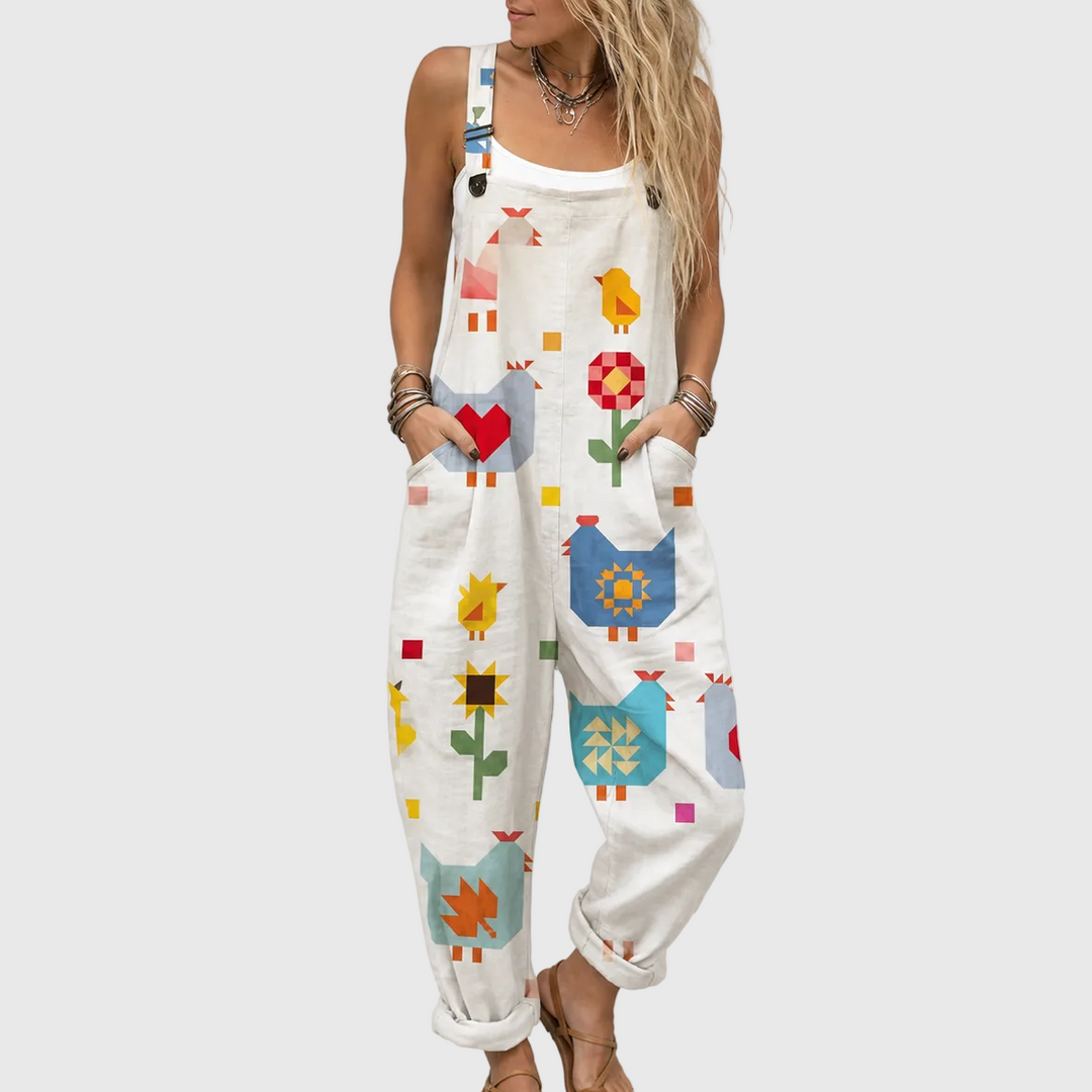 Latzhose mit Patchwork-Hühnern Creme für Damen