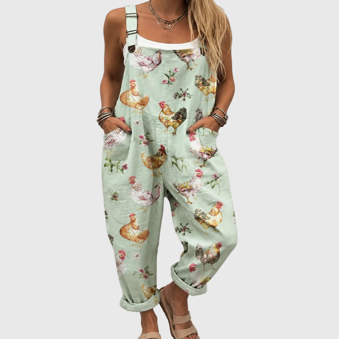 Mintgrüne Latzhose mit Aquarell-Hühnern für Damen
