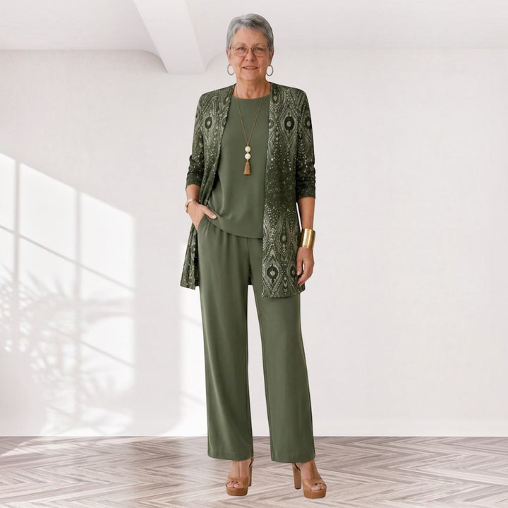 Ulrike – dreiteiliges Damen-Set in Oliv und Ocker: Oberteil, weite Hose und langer Cardigan