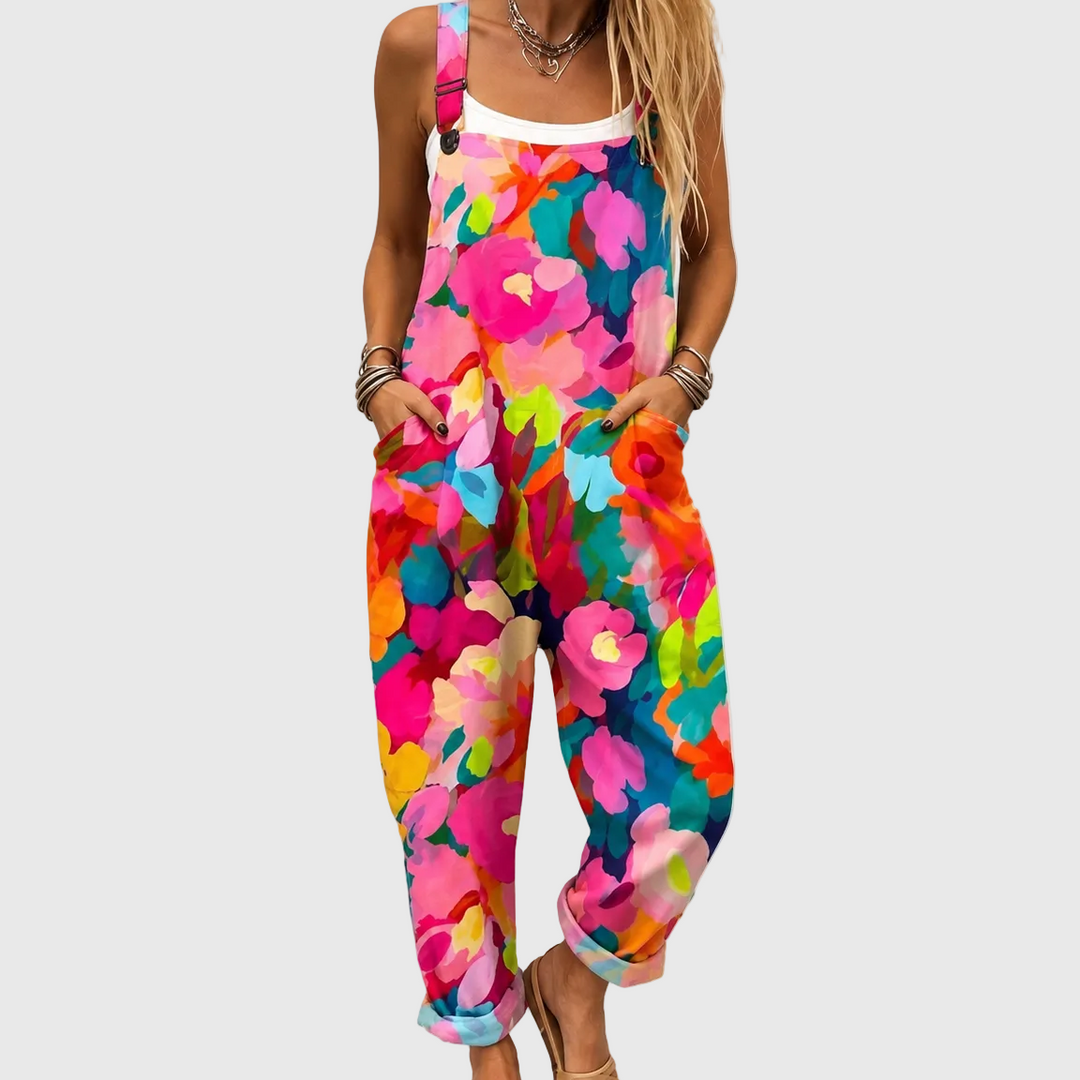 Knallbunte Latzhose mit Aquarell-Blumen für Damen
