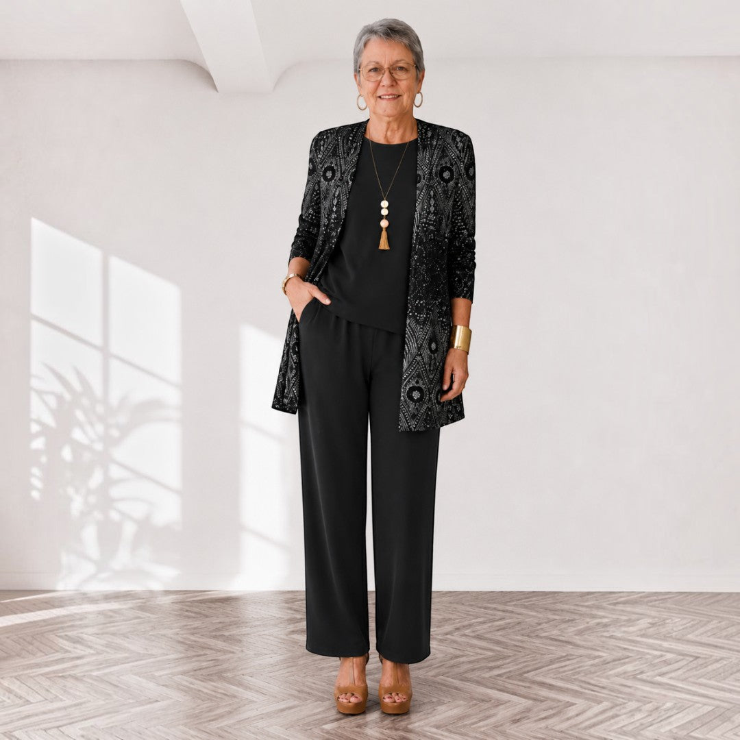 Tanja – dreiteiliges Damen-Set in Graphit: Oberteil, weite Hose und langer Cardigan