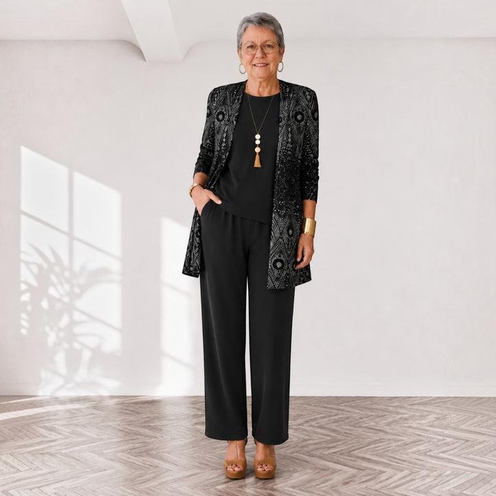 Tanja – dreiteiliges Damen-Set in Graphit: Oberteil, weite Hose und langer Cardigan