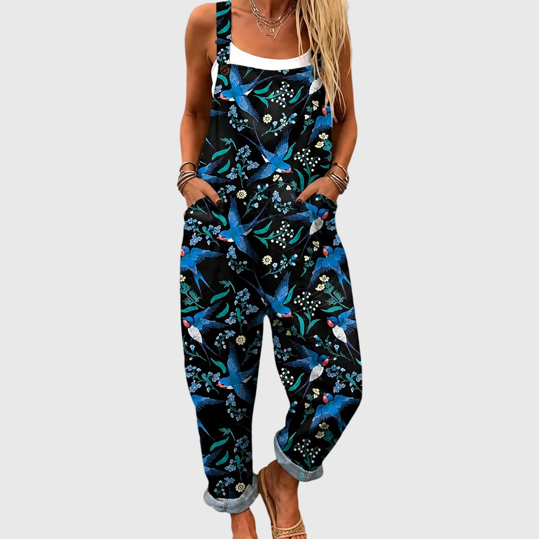 Schwarze Latzhose mit Schwalben für Damen