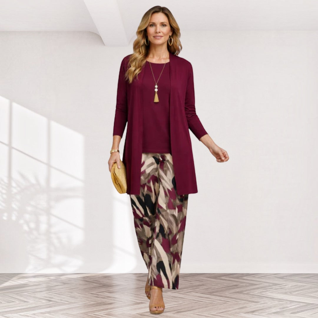 Sonja – dreiteiliges Damen-Set in Rosé und Braun: Oberteil, weite Hose und langer Cardigan