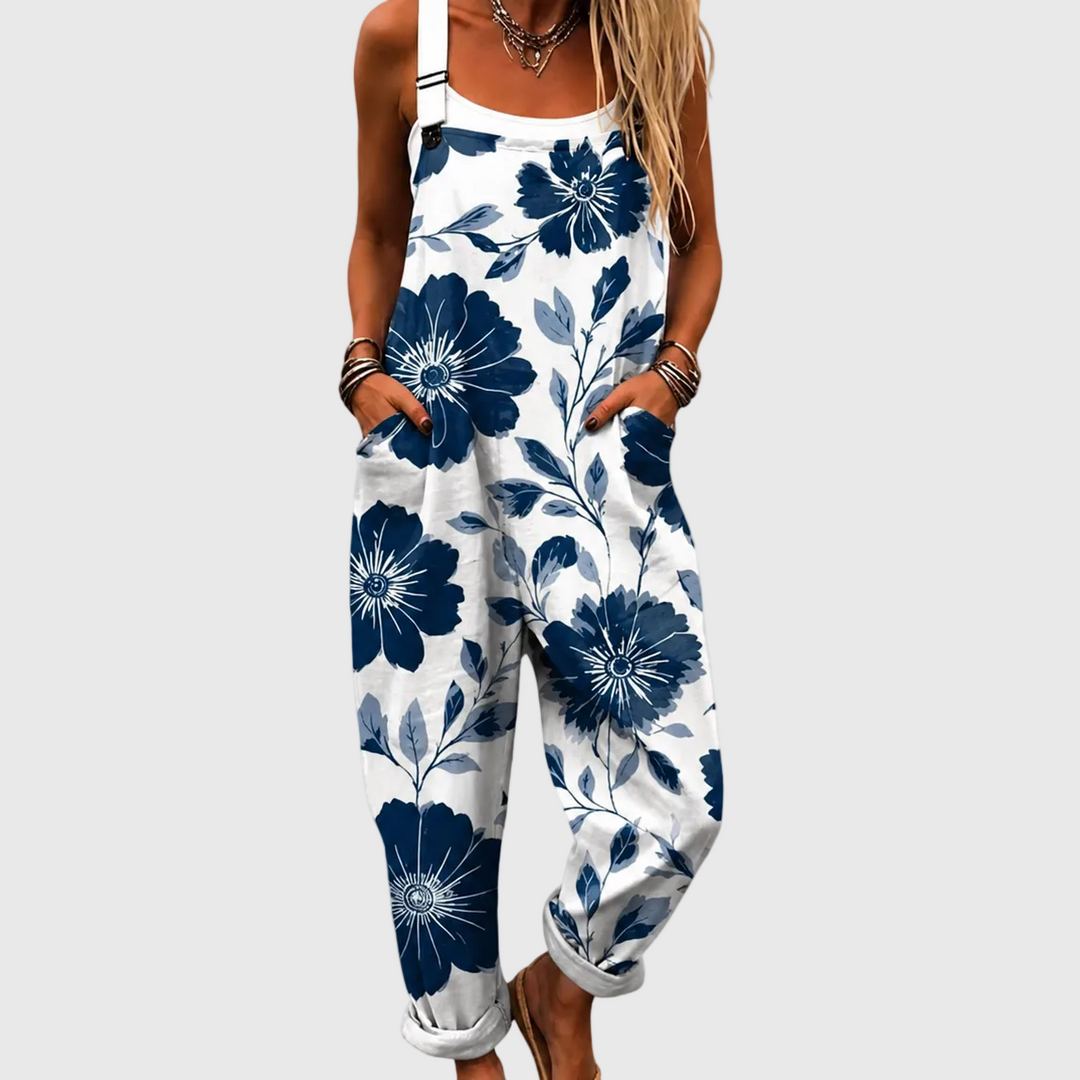 Weiße Latzhose mit blauen Blüten für Damen