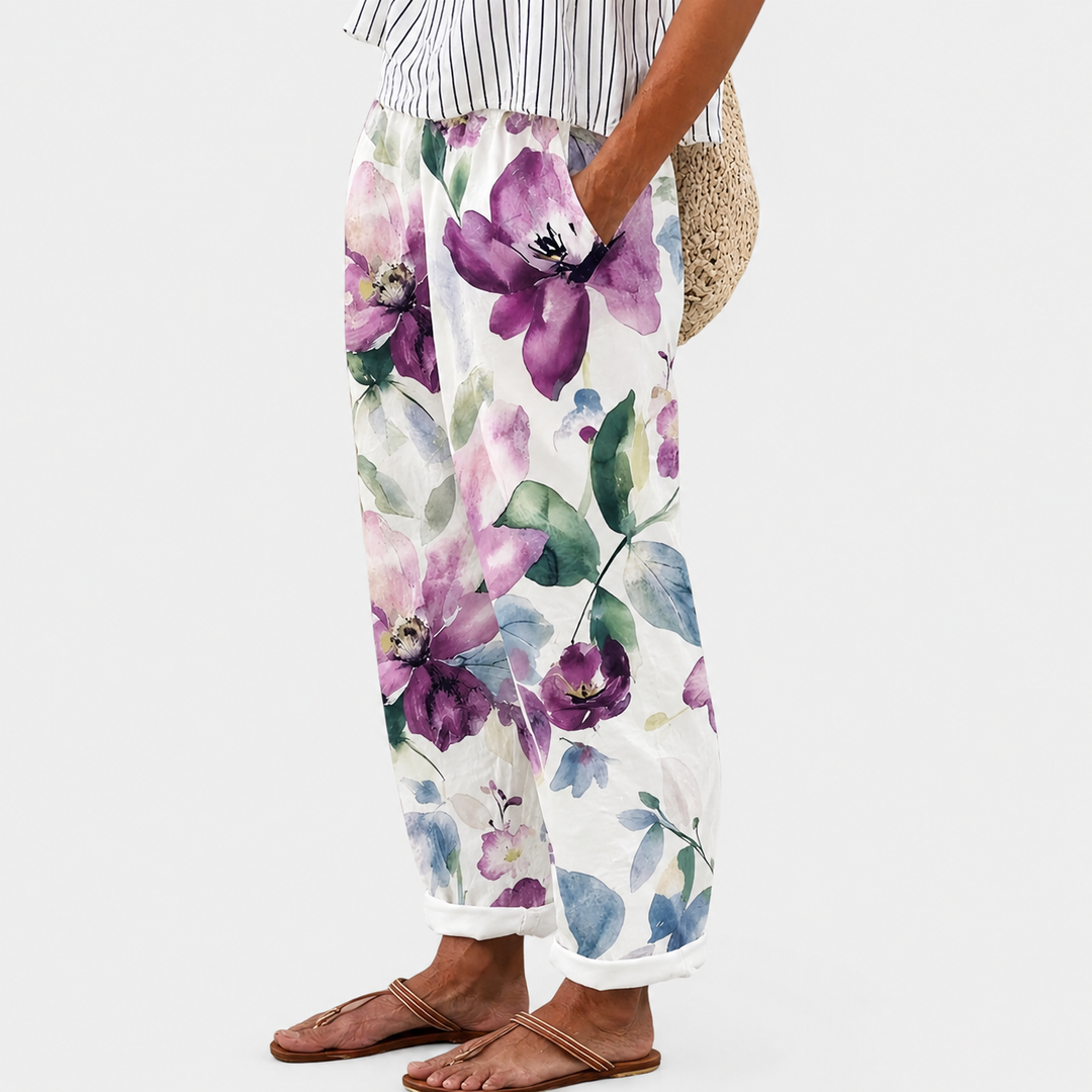 Gundula | Violette Sommerhose mit Aquarelldruck