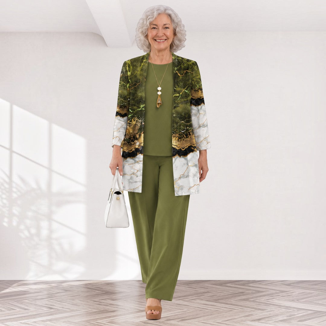 Pia – dreiteiliges Damen-Set in Senfgelb: Oberteil, weite Hose und langer Cardigan