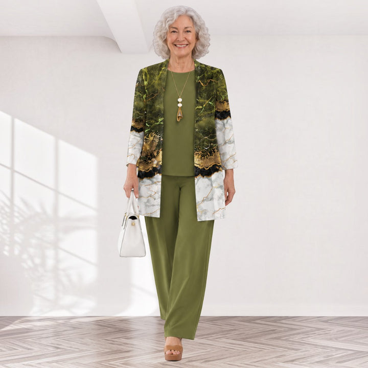 Pia – dreiteiliges Damen-Set in Senfgelb: Oberteil, weite Hose und langer Cardigan