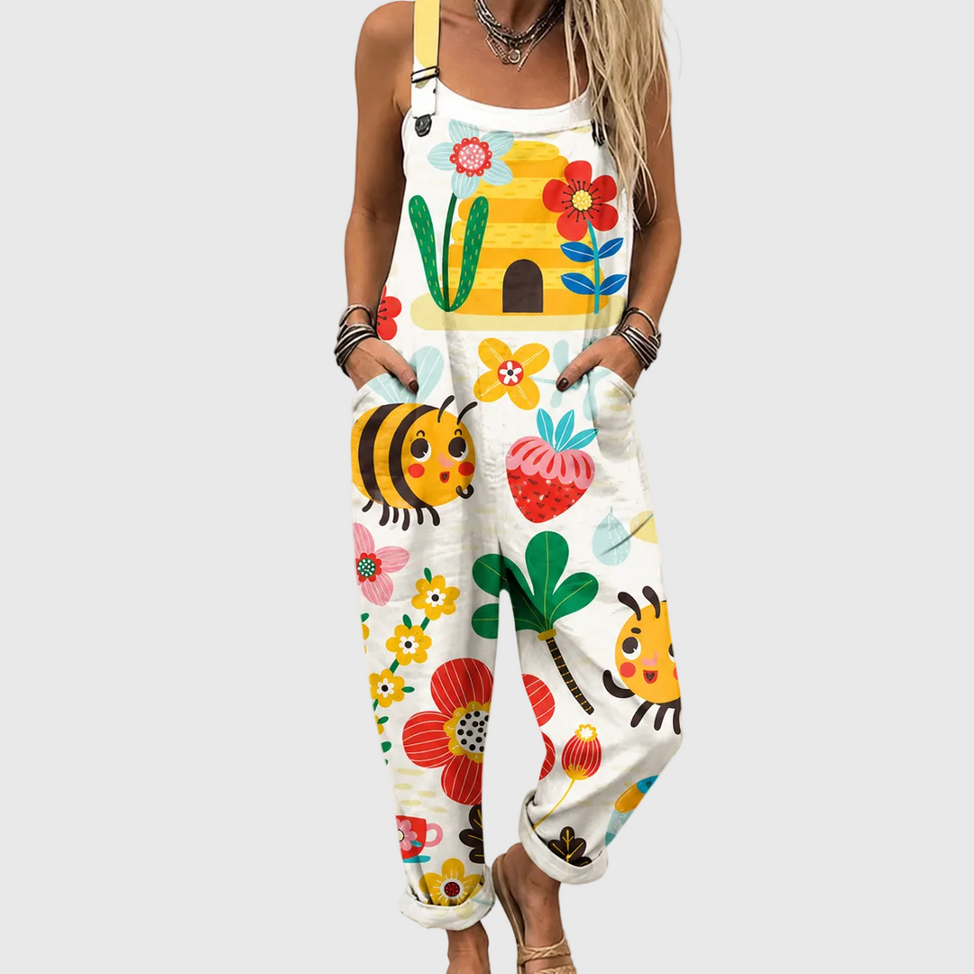 Latzhose mit Bienen und Blumen Weiß für Damen