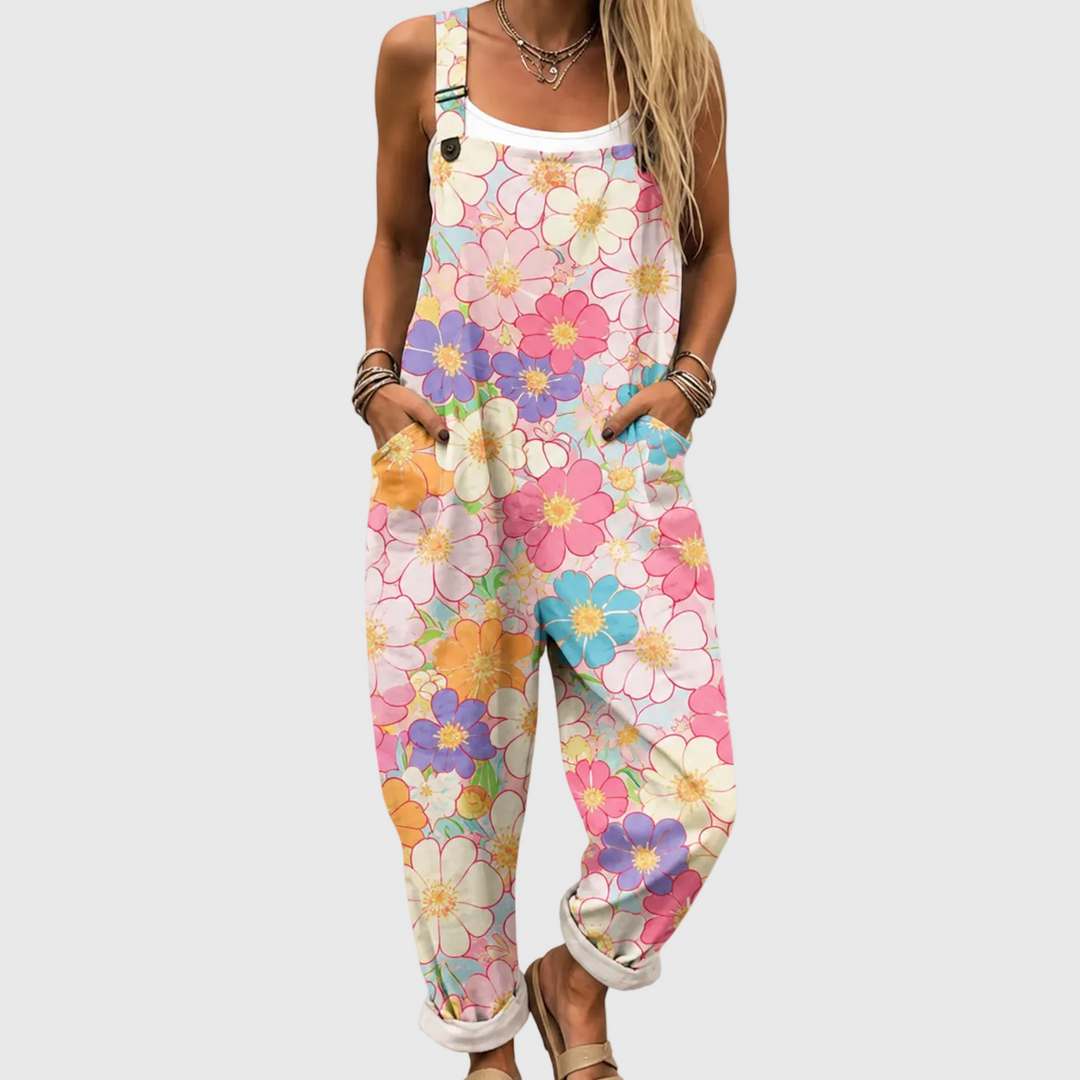 Rosa Latzhose mit Pastellblüten für Damen