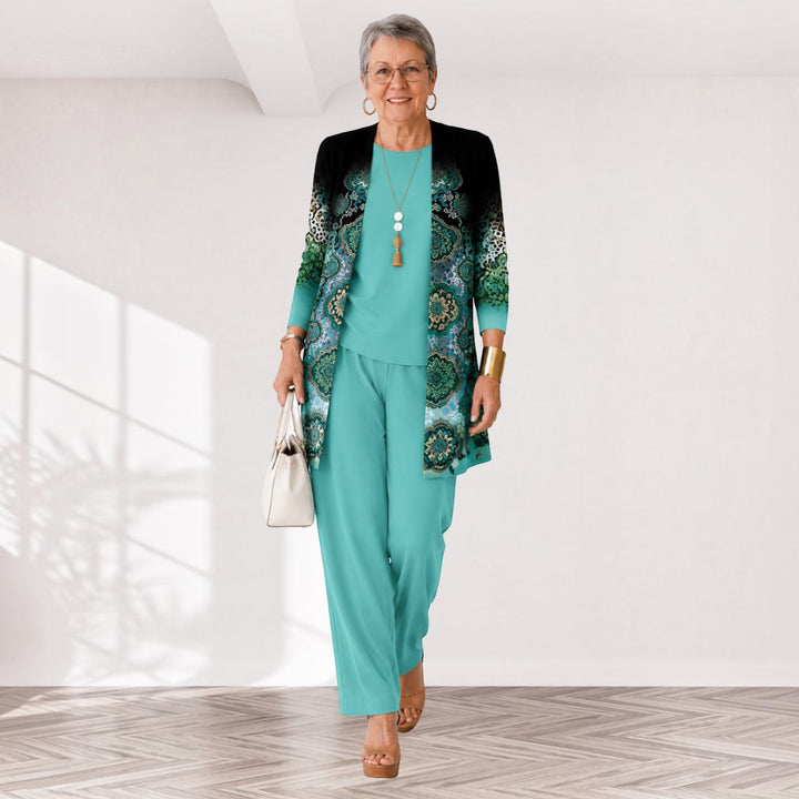 Ortrud – dreiteiliges Damen-Set in Aquagrün: Oberteil, weite Hose und langer Cardigan