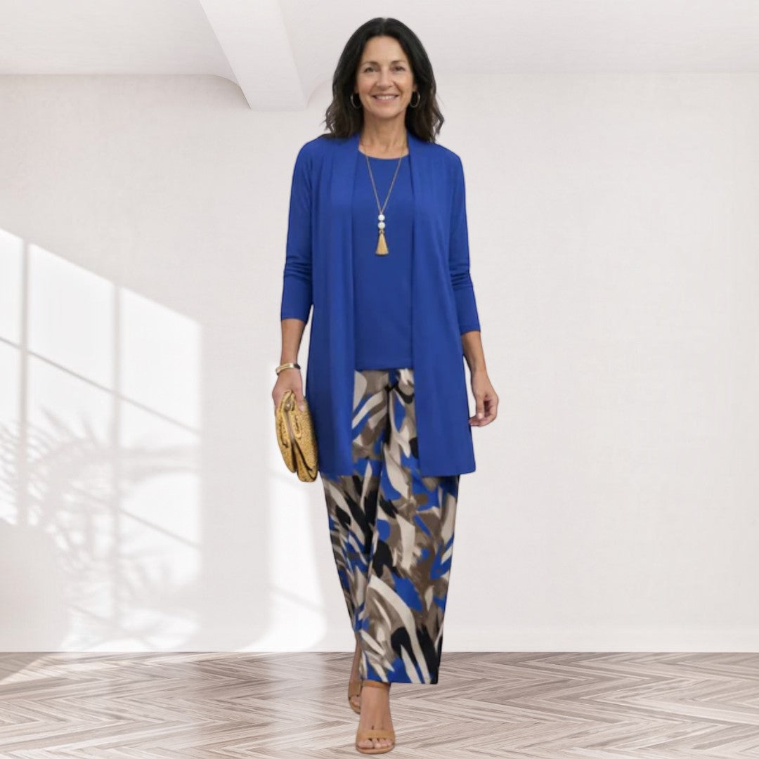 Nadine – dreiteiliges Damen-Set in Taubenblau: Oberteil, weite Hose und langer Cardigan