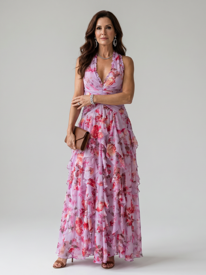 Nori | Halter Neck Rüschenoberteil Floral Maxi Kleid