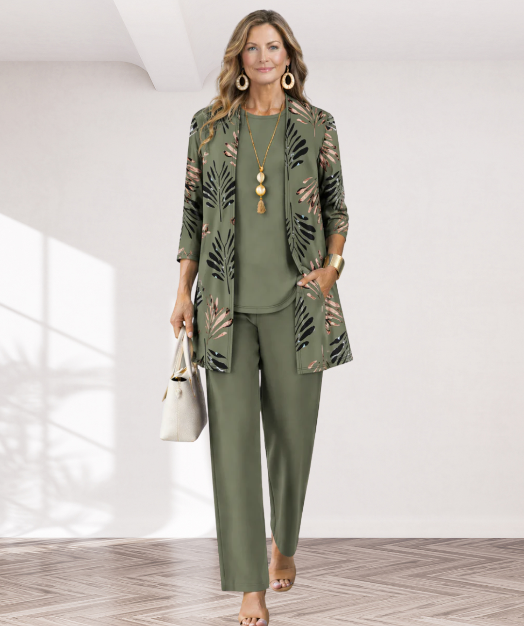 Emilia – dreiteiliges Damen-Set in zwölf Farben: Oberteil, weite Hose und langer Cardigan