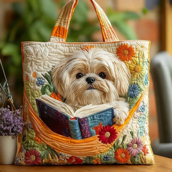 Handgefertigte Tasche | Shih Tzu mit Büchern und Blumen