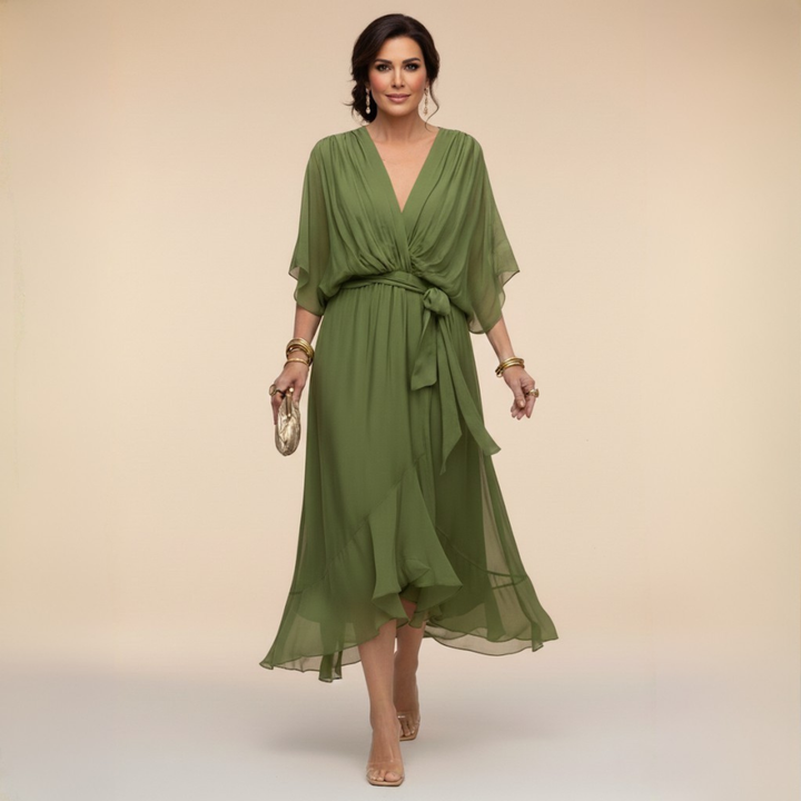Opal | V-Ausschnitt Elegantes Midi-Kleid