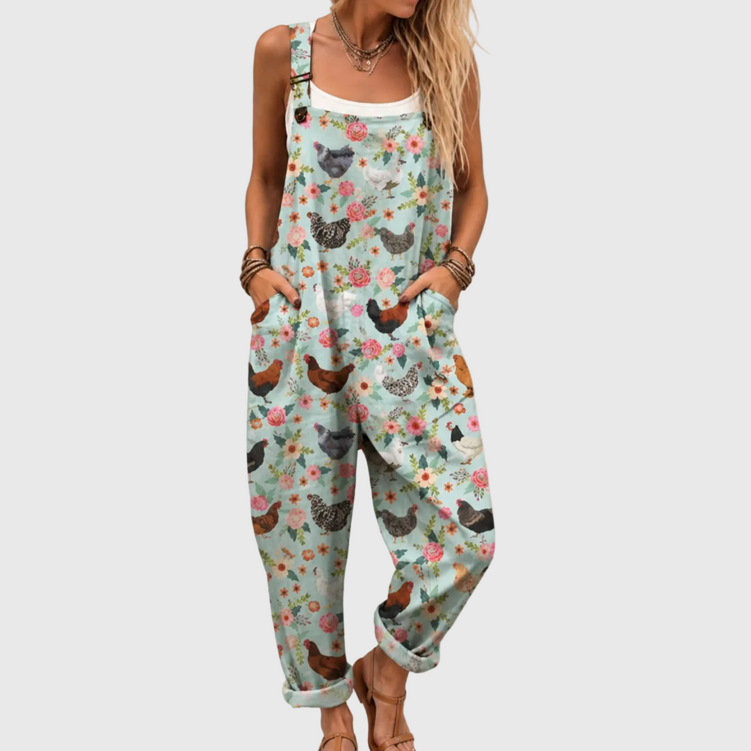 Mintgrüne Latzhose mit Hühnern und Rosen für Damen
