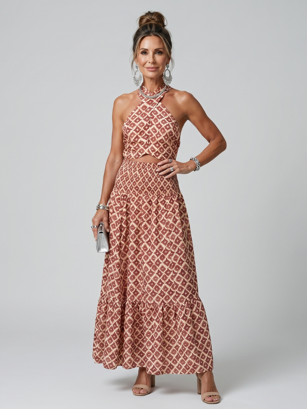 Amira | Kreuz-Halter Geometrischer Print Cutout Midi Kleid