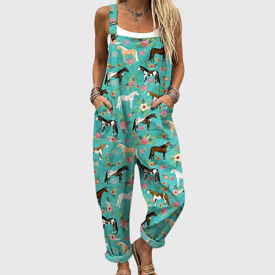 Türkise Latzhose mit Pferden für Damen