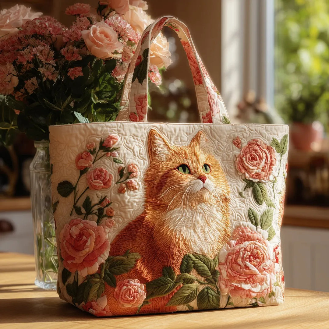 Handgefertigte Tasche | Oranger Kater mit Rosen