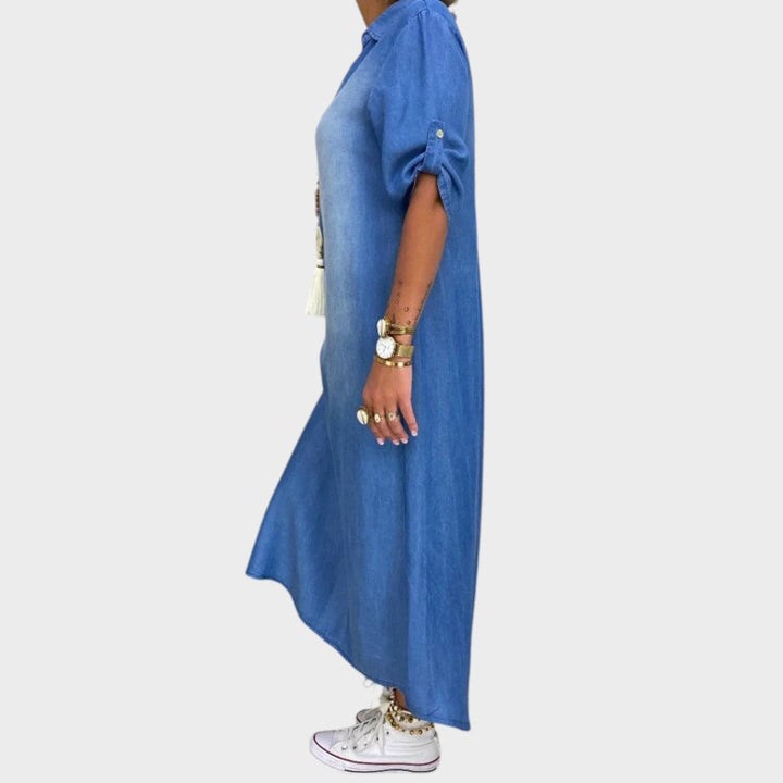 Lea | Langes Denim-Effekt-Kleid mit seitlichem Schlitz
