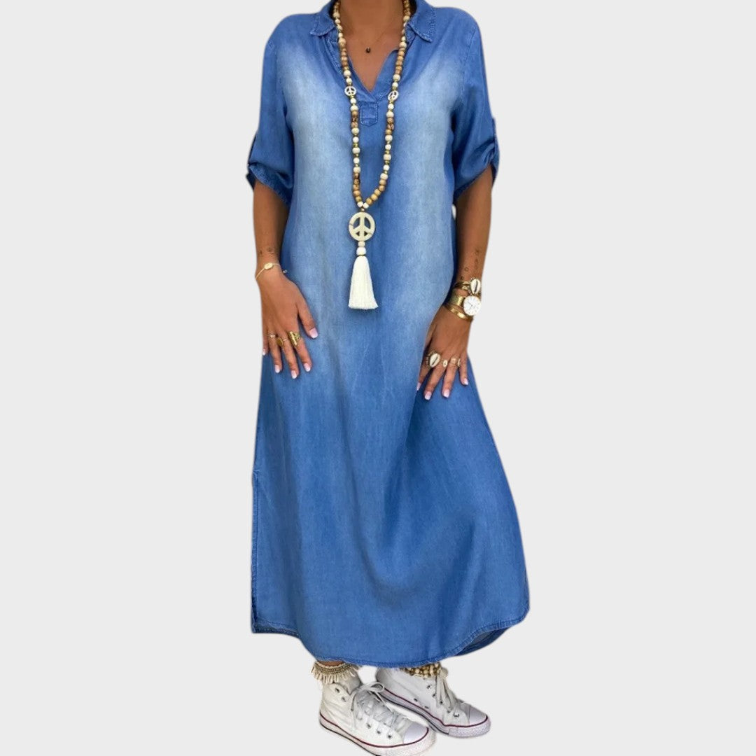 Lea | Langes Denim-Effekt-Kleid mit seitlichem Schlitz