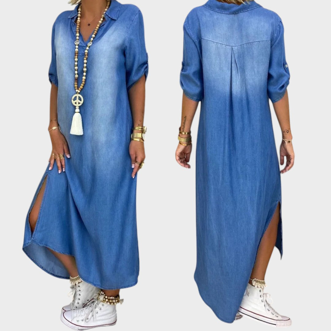 Lea | Langes Denim-Effekt-Kleid mit seitlichem Schlitz