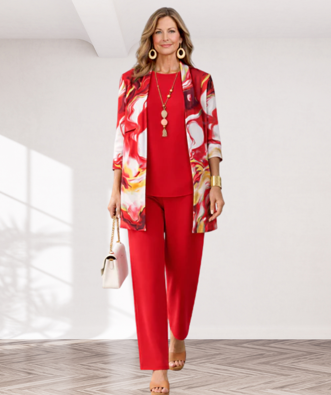 Maren – dreiteiliges Damen-Set in warmem Rot: Oberteil, weite Hose und langer Cardigan