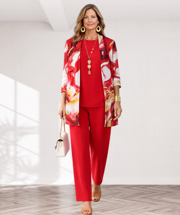 Maren – dreiteiliges Damen-Set in warmem Rot: Oberteil, weite Hose und langer Cardigan