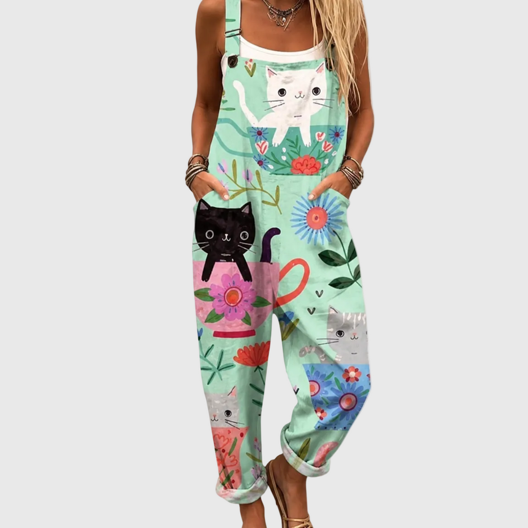 Mintgrüne Latzhose mit Katzen für Damen