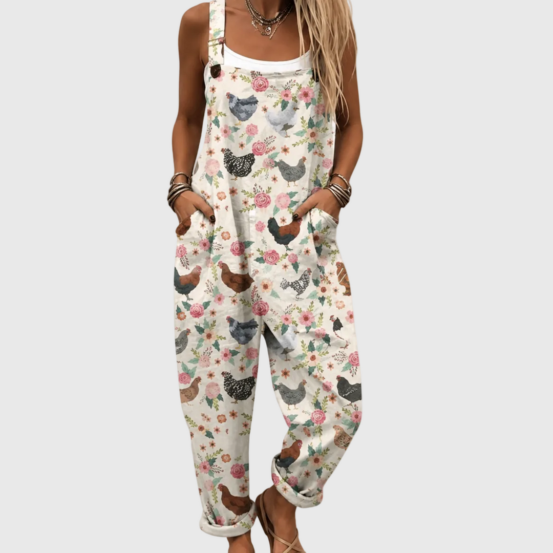 Latzhose mit Hühnern und Röschen Creme für Damen