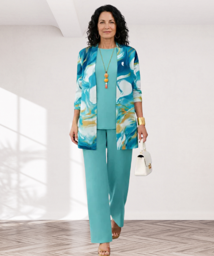 Lena – dreiteiliges Damen-Set in Mint: Oberteil, weite Hose und langer Cardigan